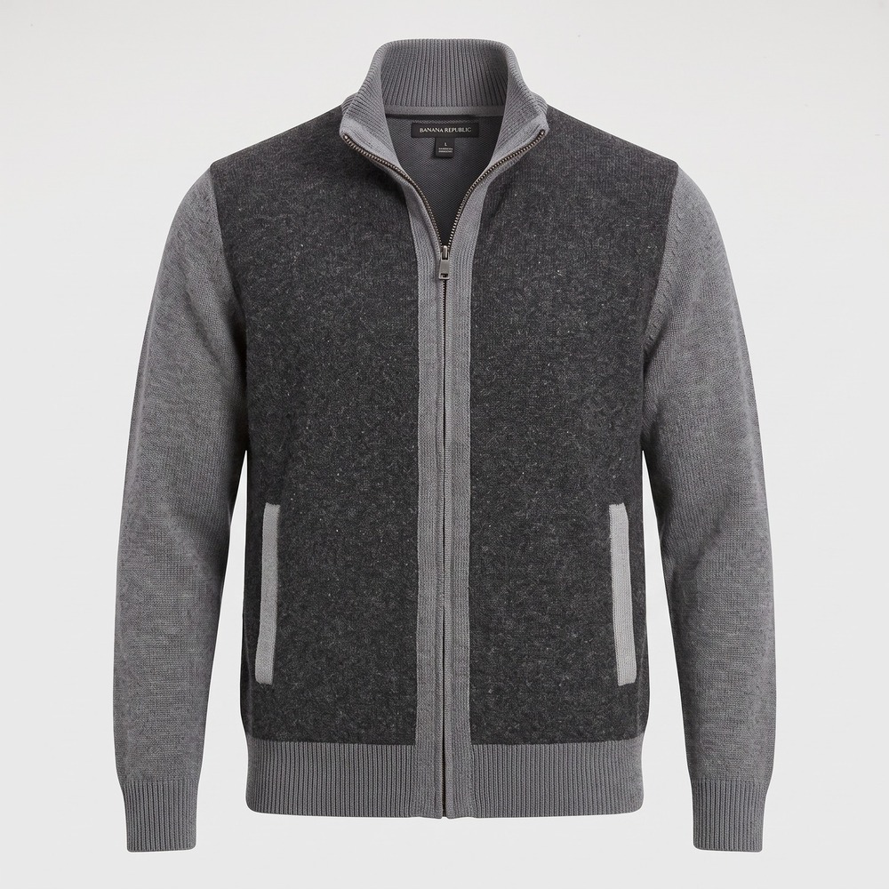 Banana Republic Mens Small Grey Full Zip Sweater Mock Neck Cotton Wool Blend